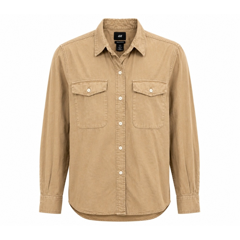 HM Mens Regular Fit Long‎ Sleeve Button Up Utility Shirt Tan Khaki Small